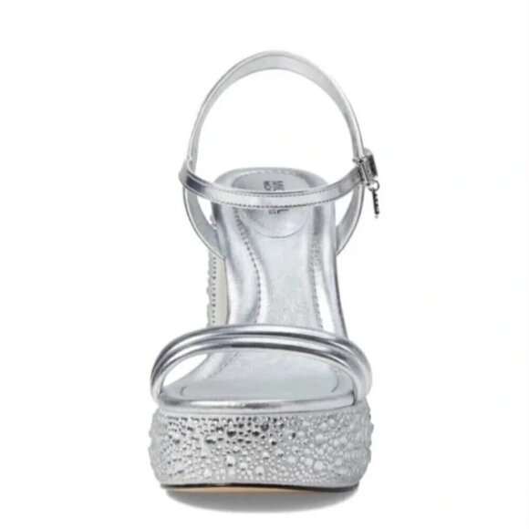 MK Michael Kors Laci Embellished Metallic Silver Leather Platform Sandal 9 - Picture 3 of 10